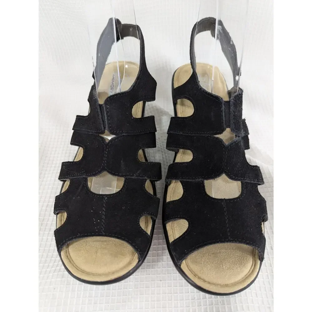 NWOT! SKECHERS! BLACK STRAPPY FAUX SUEDE, VELCRO STRAP SANDALS, HEELS! SZ 7 - Picture 3 of 10